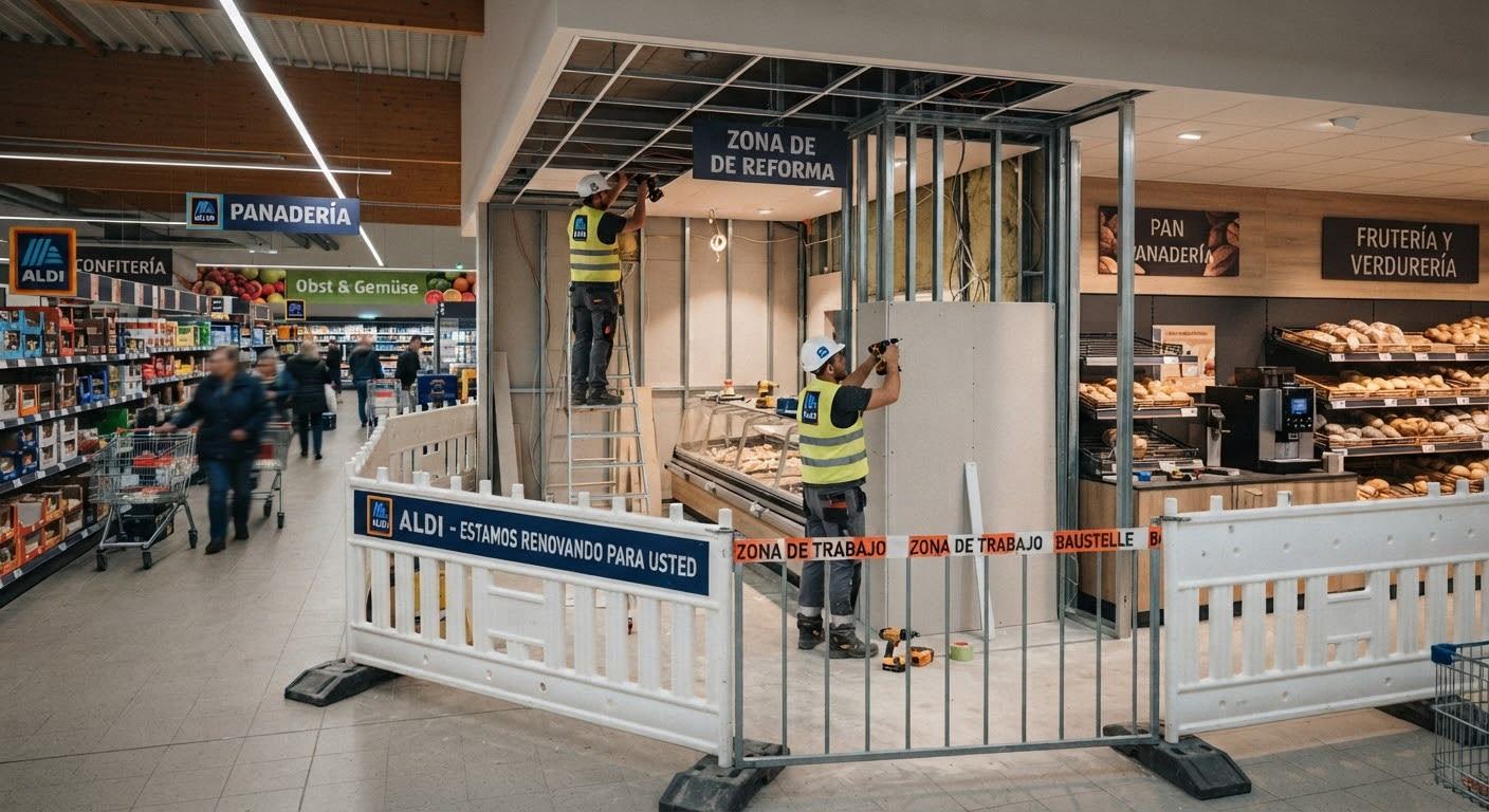 Supermercado Aldi durante la instalación de pladur y techo desmontable
