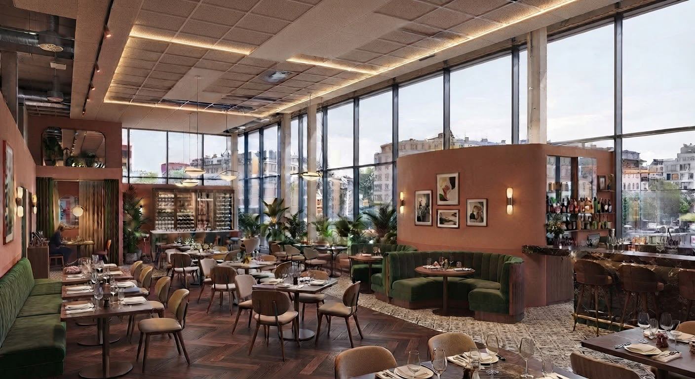 Restaurante terminado tras la instalación de pladur y techo desmontable
